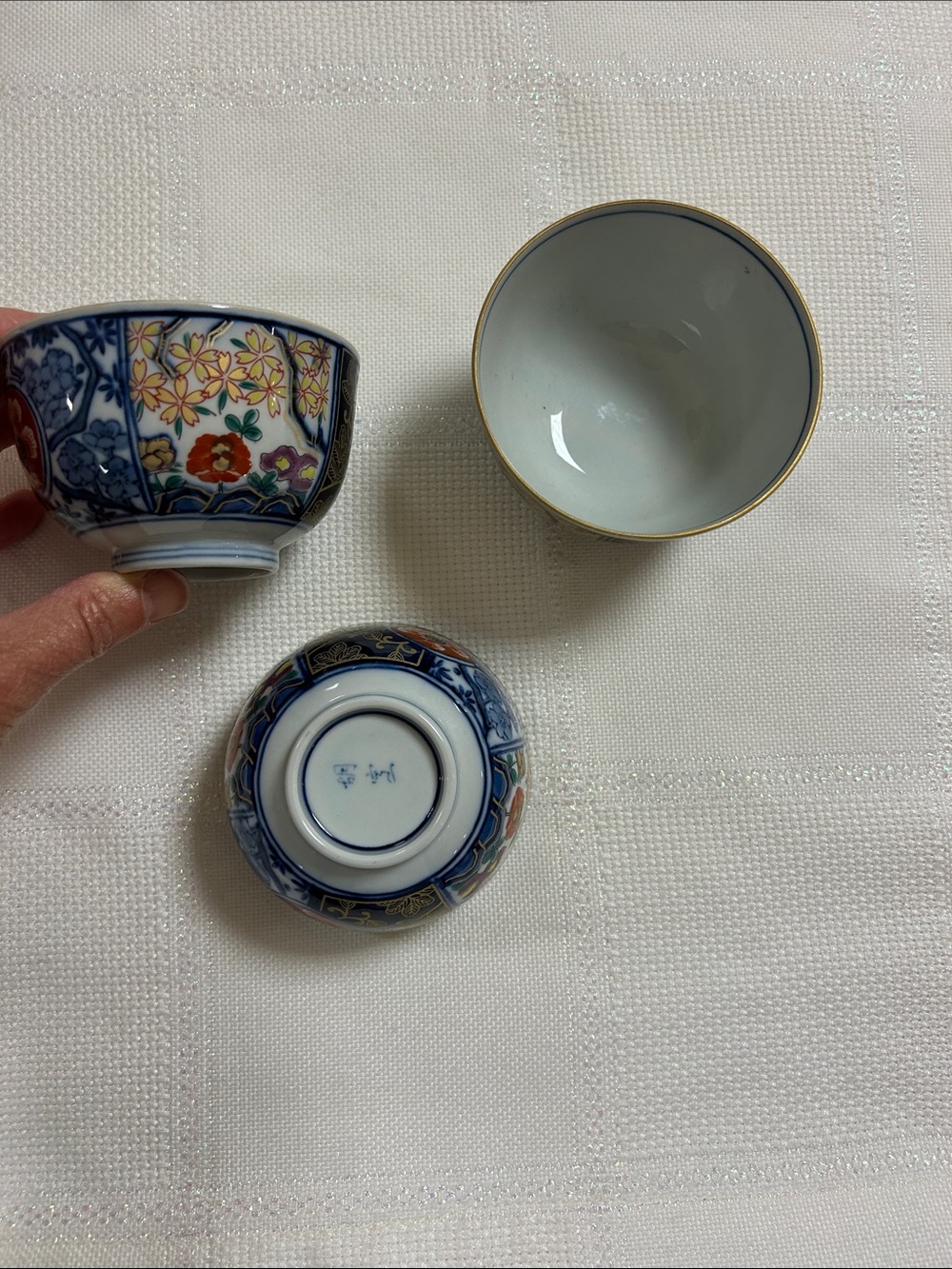 Japanese Arita Decorative Floral Porcelain Tea Cups  - Blue, White, Gold Accents